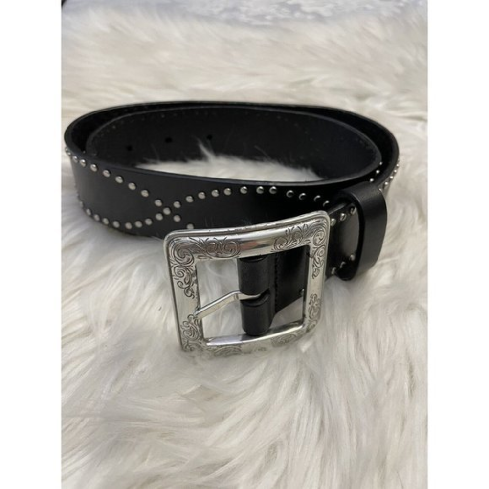 Brighton Black Studded Leather Belt with Engraved Silver Buckle